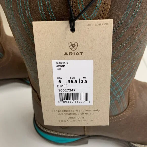 Ariat Womens Anthem Square Toe Western Boots Sz 6 B Java Brown Turquoise Leather - Picture 10 of 12